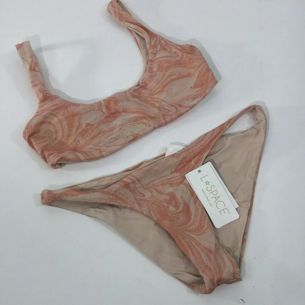 L*Space Lizzie Tie Dye Peach Pink Shimmer Camacho 2 Pc Bikini Top & Bottom M NWT